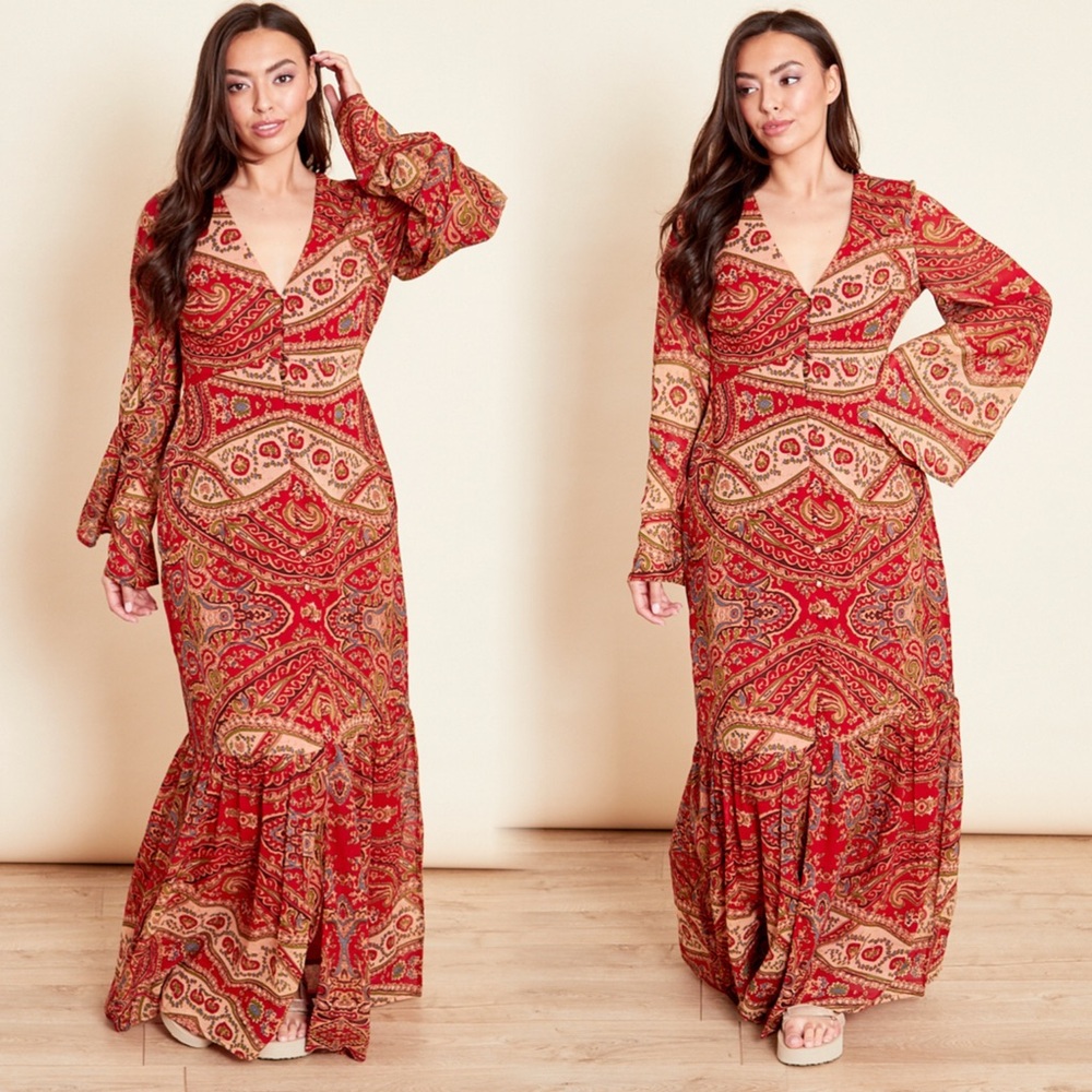 Bohemian Red Paisley Maxi Dress with Bell Sleeves